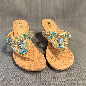 White Mountain Tan Sandals with Blue and Gold Accents